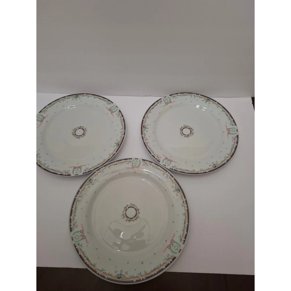Gibson China Cottagecore Floral Dinner Plates Navy Ribbon Wreath Set of 3